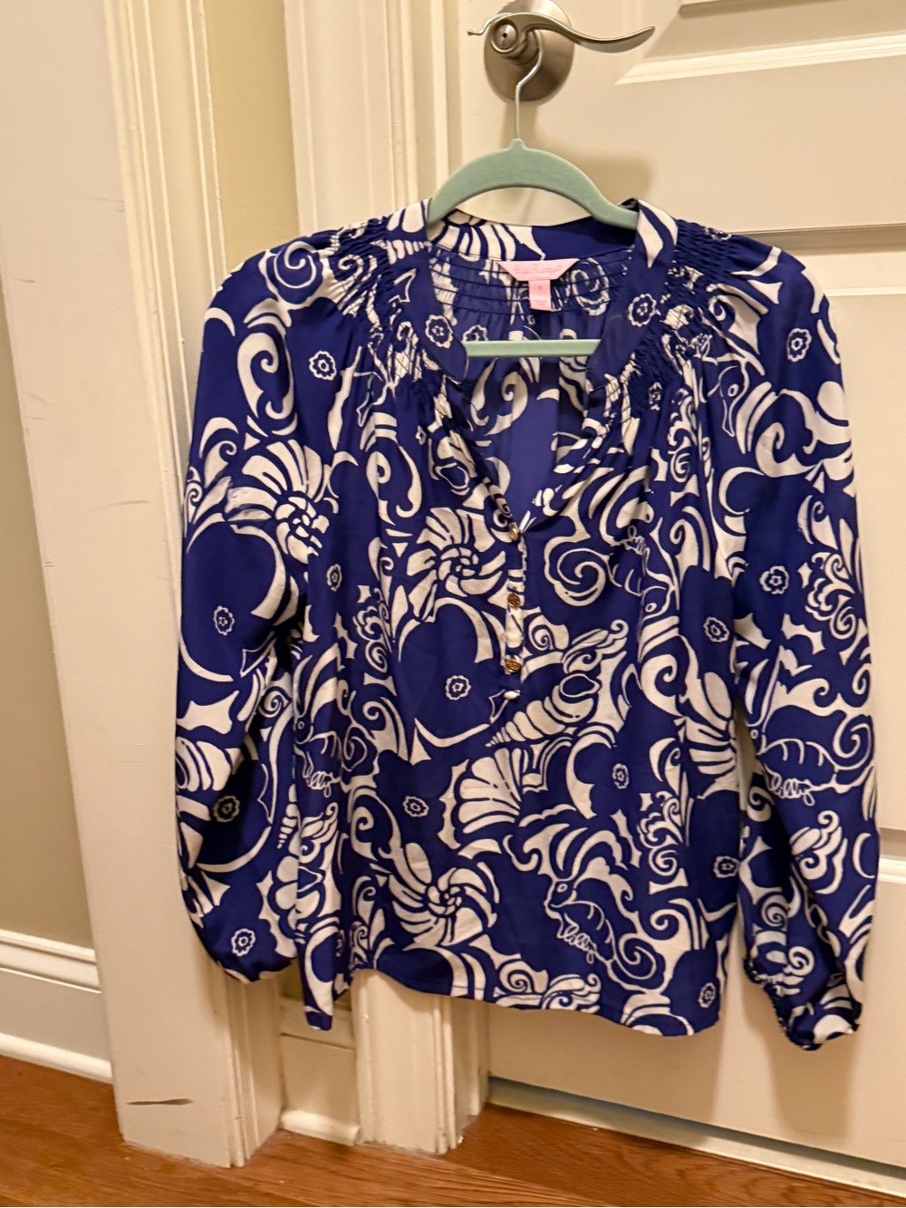 Lilly Pulitzer Royal Blue and White Floral-Scroll Peasant Top